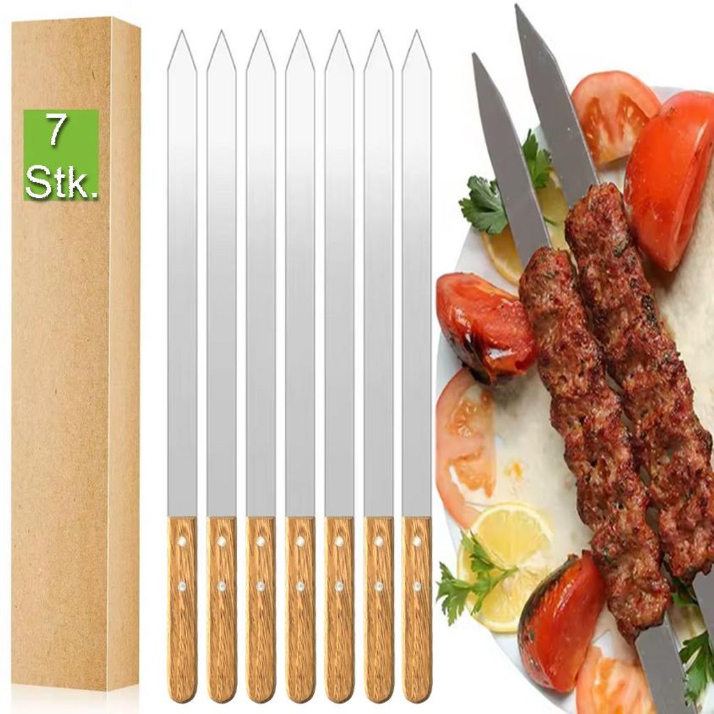 7 Stück Premium Edelstahl Grillspieße 60 cm – Flache BBQ Produktbild 