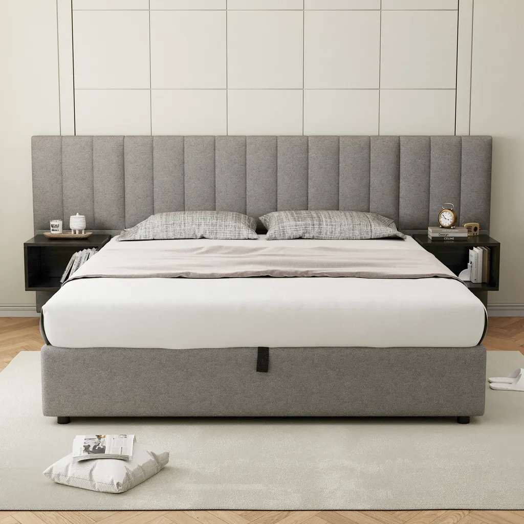 Lit double Boxspring 160x200 cm en lin gris avec rangement
