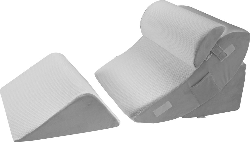Two orthopedic wedge pillows are shown against a white background. One is a single wedge, and the other is a stacked set of two wedge pillows, one on top of the other, with a curved top pillow.