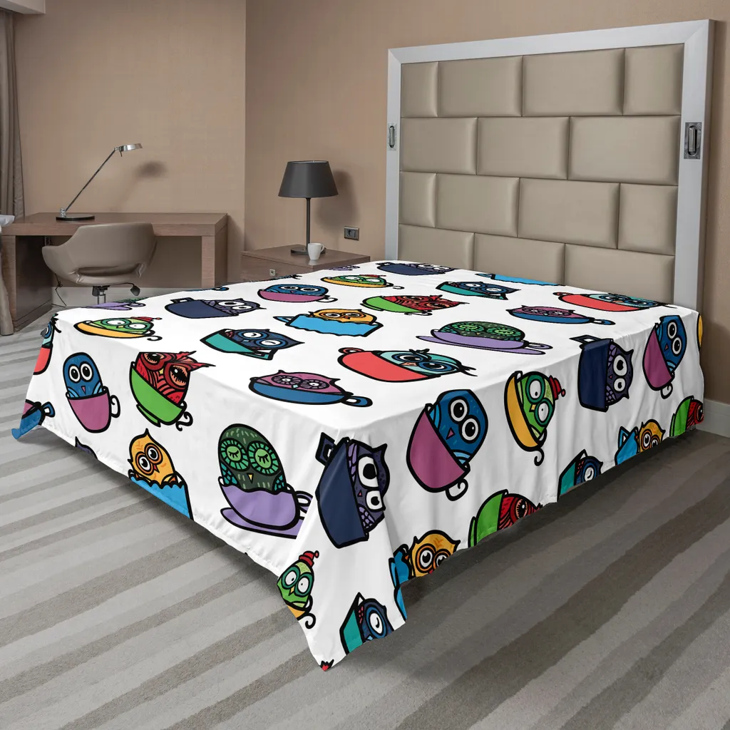 Drap de lit souple motif hibou et café, textile haute qualité 260x228