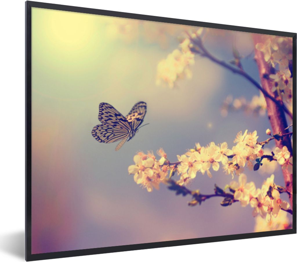 MuchoWow Gerahmtes Poster Schmetterlinge - Blüte - Zweig - Baum 40x30 cm - Poster mit Schwarzem Bilderrahmen Wandposter Rahmen Foto Bilder - Kun...