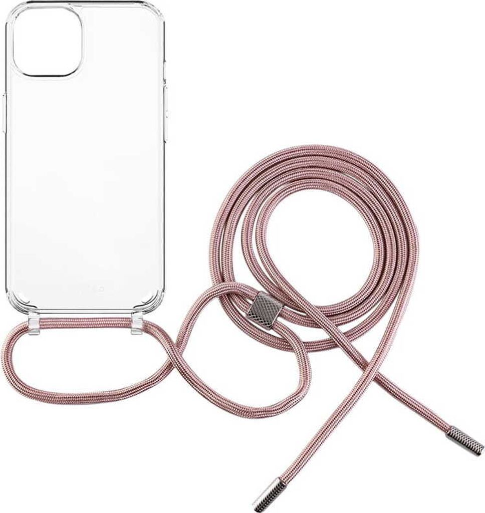 Schutzhülle Fixed Pure Neck für iPhone 14, Transparent mit Rosa Schlüsselband