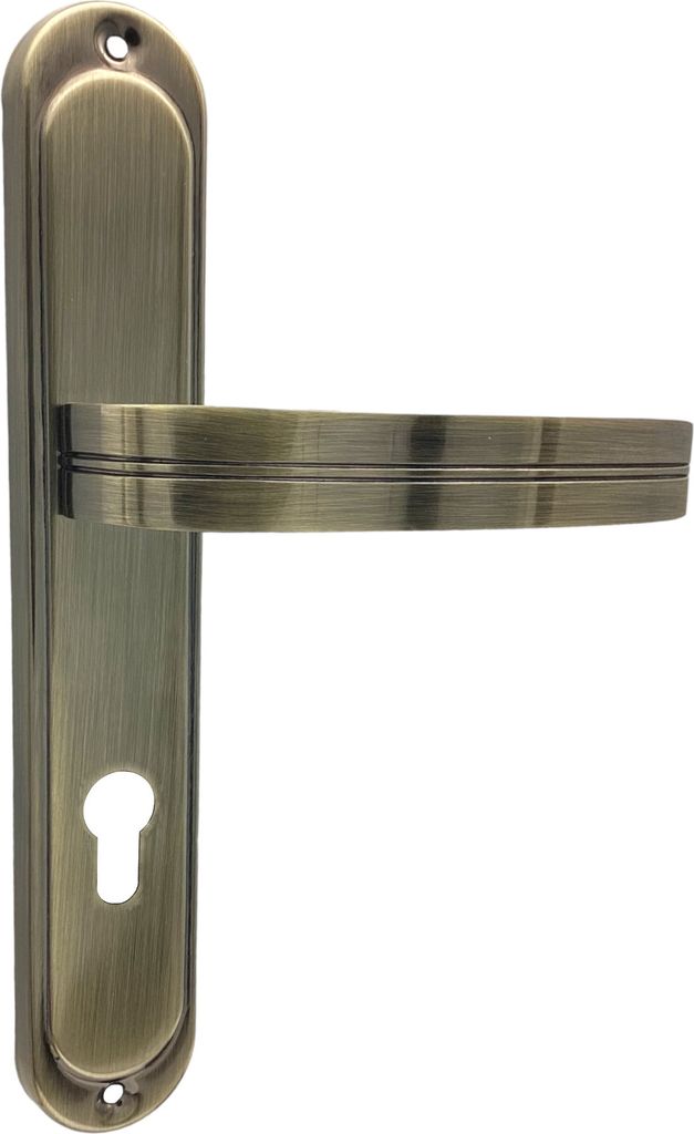 A close-up studio shot of a bronze-colored door handle with a keyhole plate.
