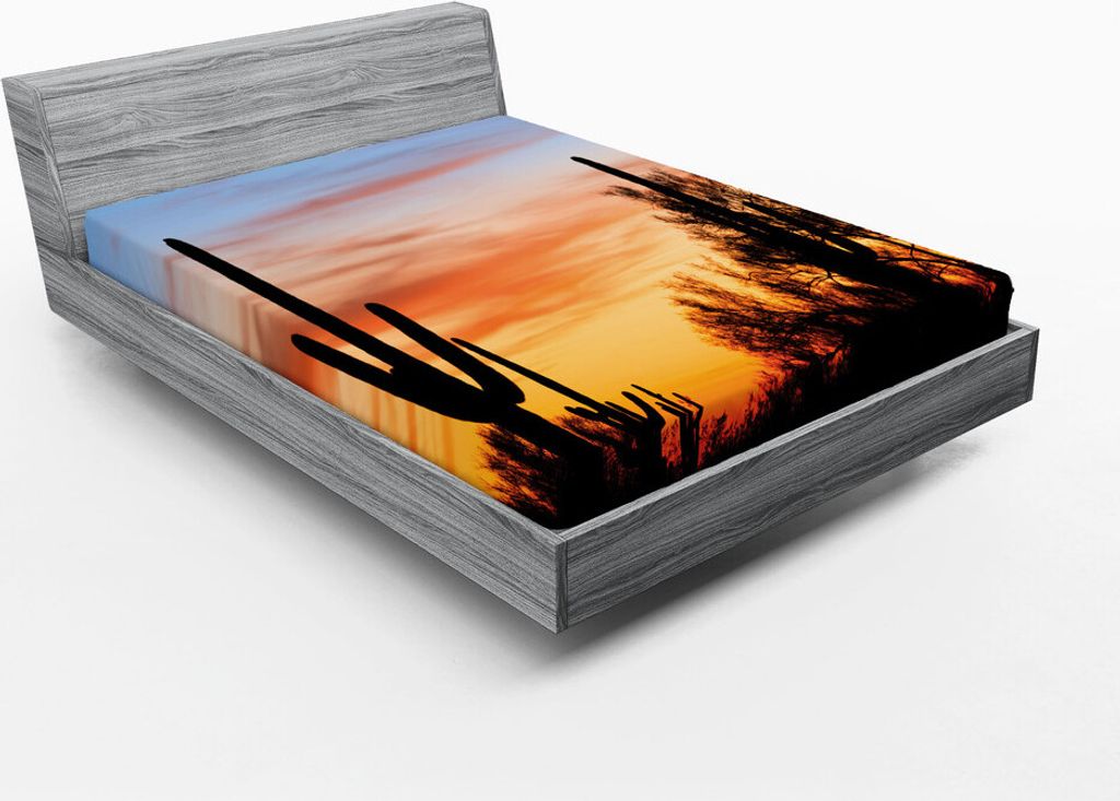 ABAKUHAUS Western Spannbetttuch, Sunny Wüsten-Kaktus Silhouetten Bild Wilder Westen Natur Sonnenuntergang-Fotografie, 90 x 190 cm, Orange und Schwarz