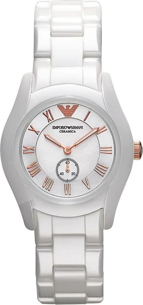 A white ceramic Emporio Armani watch with rose gold accents.