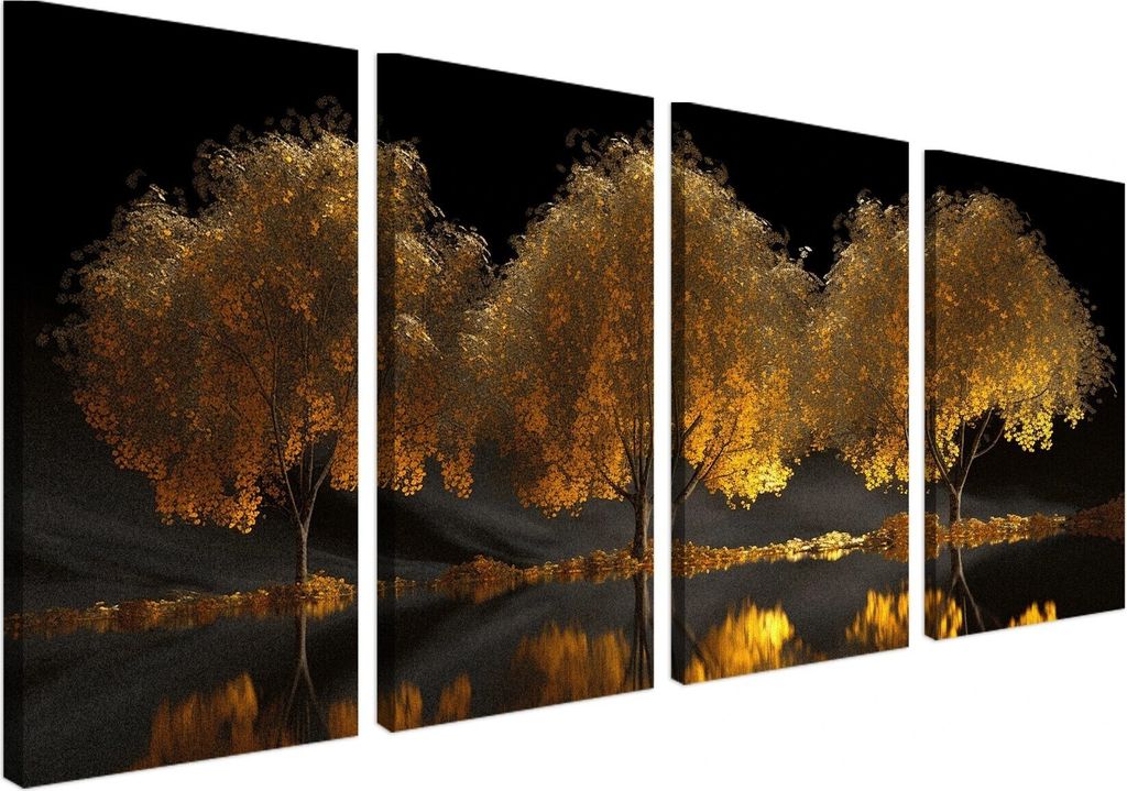 Wandbild Wanddeko Goldene Bäume auf Leinwand - ökologische Tinte, Wasserfest - 4 Teilig 80x160 cm Leinwandbilder für wohnzimmer, schlafzimmer