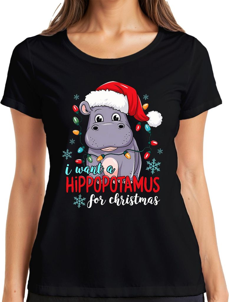 I want a Hippopotamus for Christmas lustiges Nilpferd Geschenk Damen T-Shirt, Schwarz, XXL