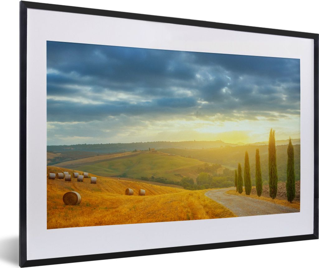 MuchoWow MuchoWow Gerahmtes Poster Toskana - Heuballen - Sonne 60x40 cm - Poster mit zchwarzem Bilderrahmen - Schlafzimmer - Plakat in Rahmen -...