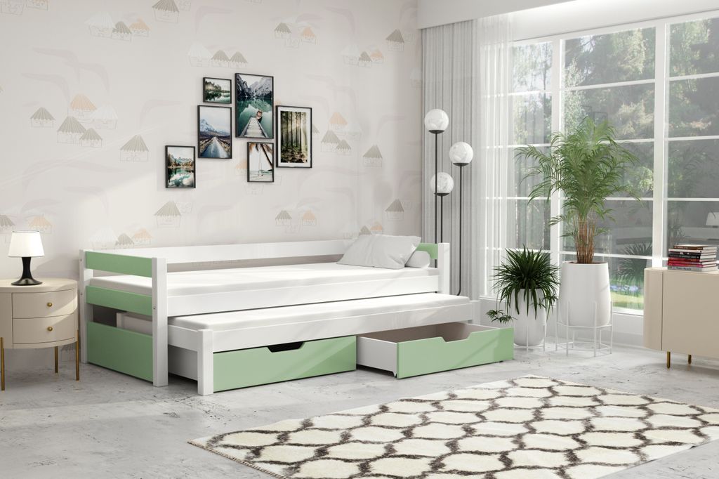 thematys Jugendbett Kinderbett mit Ausziehbett 2 Schubladen 90x200cm inkl. 2 Matratzen in Grün Kinderbett aus Kiefernholz