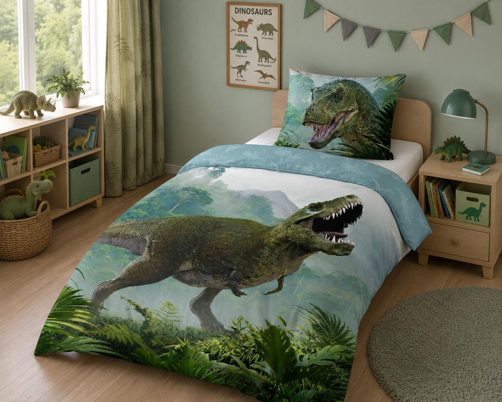 Bettwäschegarnitur 140x200 cm + 70x90 cm Dinosaurier T-Rex Produktbild 
