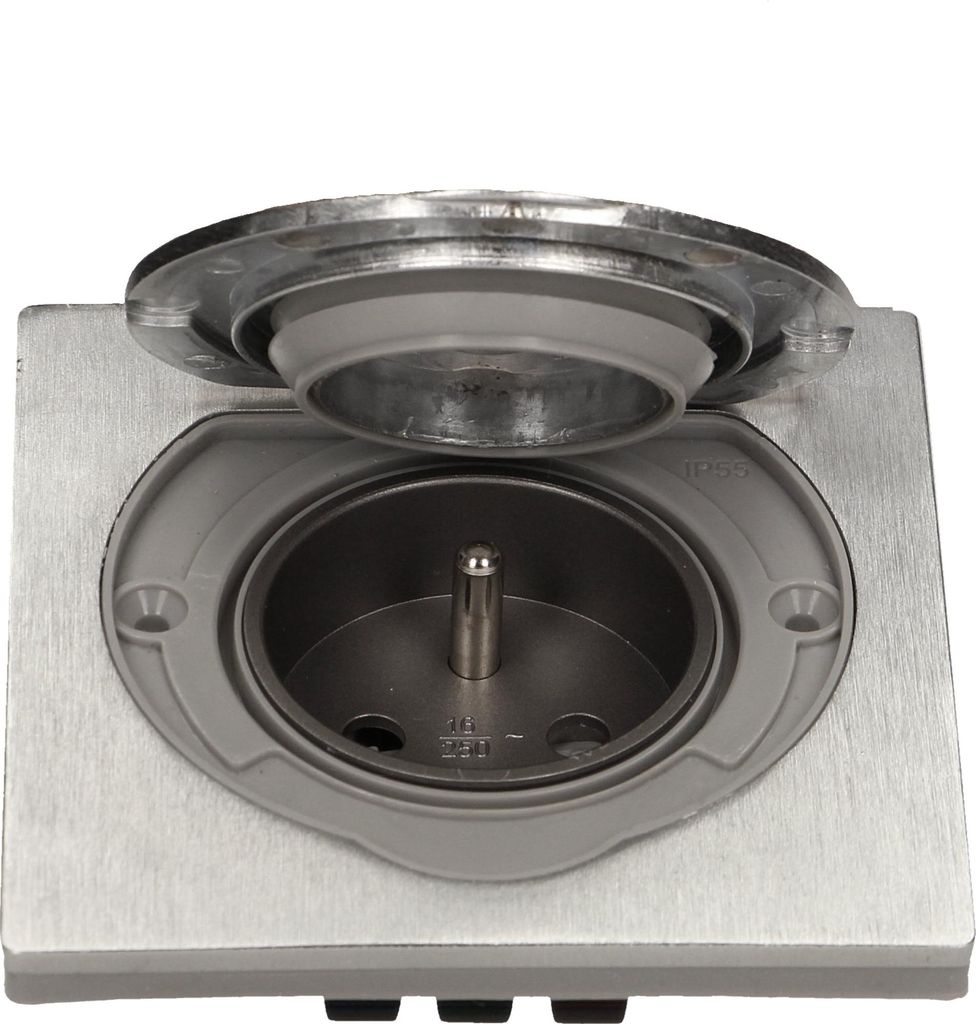 A close-up view of a hermetic socket with its lid open, showing the internal mechanism. The socket is made of stainless steel and has a gray plastic housing.