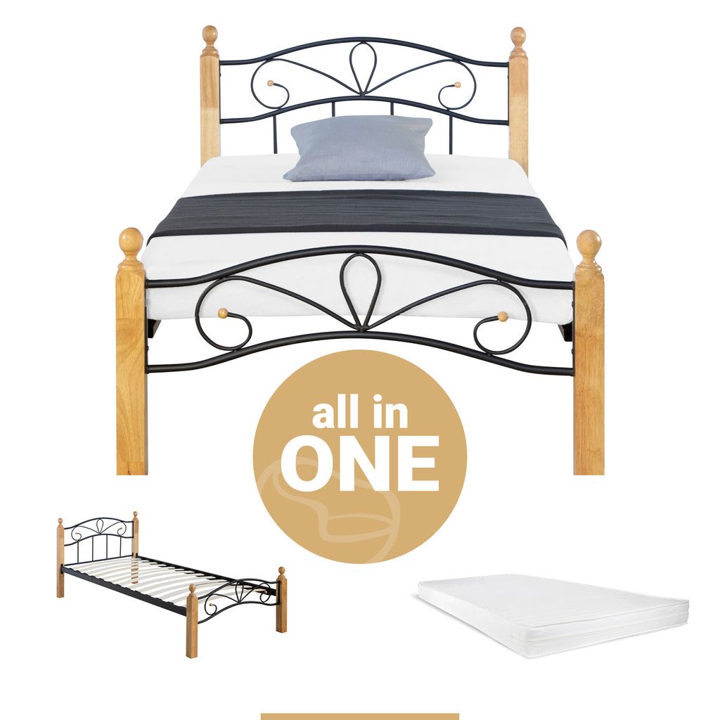 Homestyle4u Metallbett mit Lattenrost Matratze 90x200 cm Bettgestell Schwarz Natur Holz Einzelbett Tagesbett