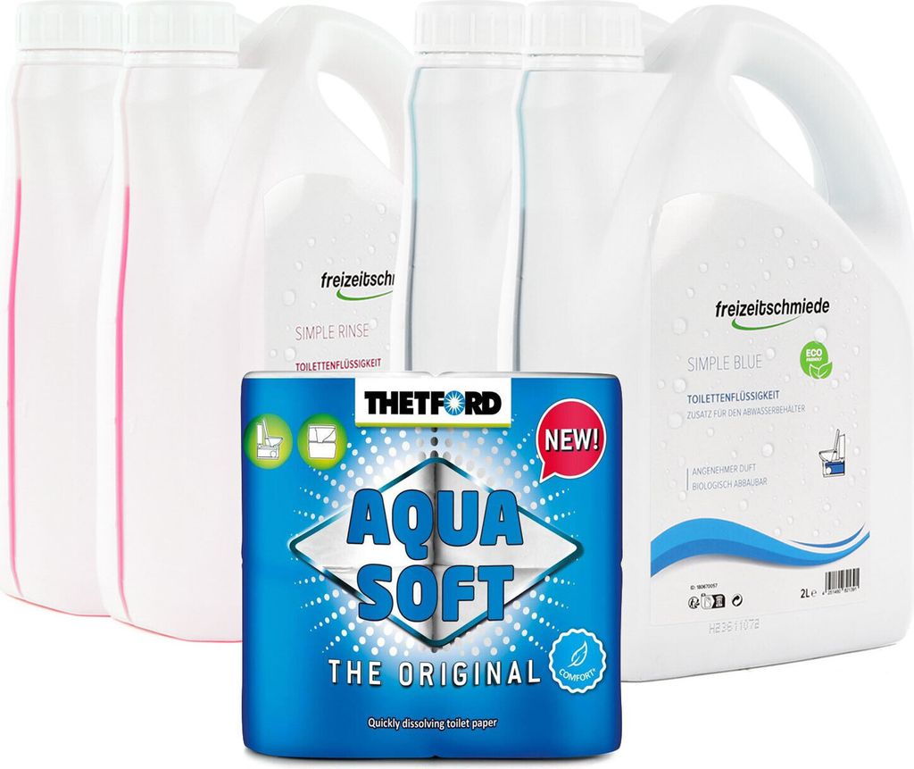 Freizeitschmiede Set Sanitärzusatz 2x Simple Blue & 2x Simple Rinse je 2L inkl. Aqua Soft Toilettenpapier 4 Rollen Campingtoilette Sanitärflüssi...