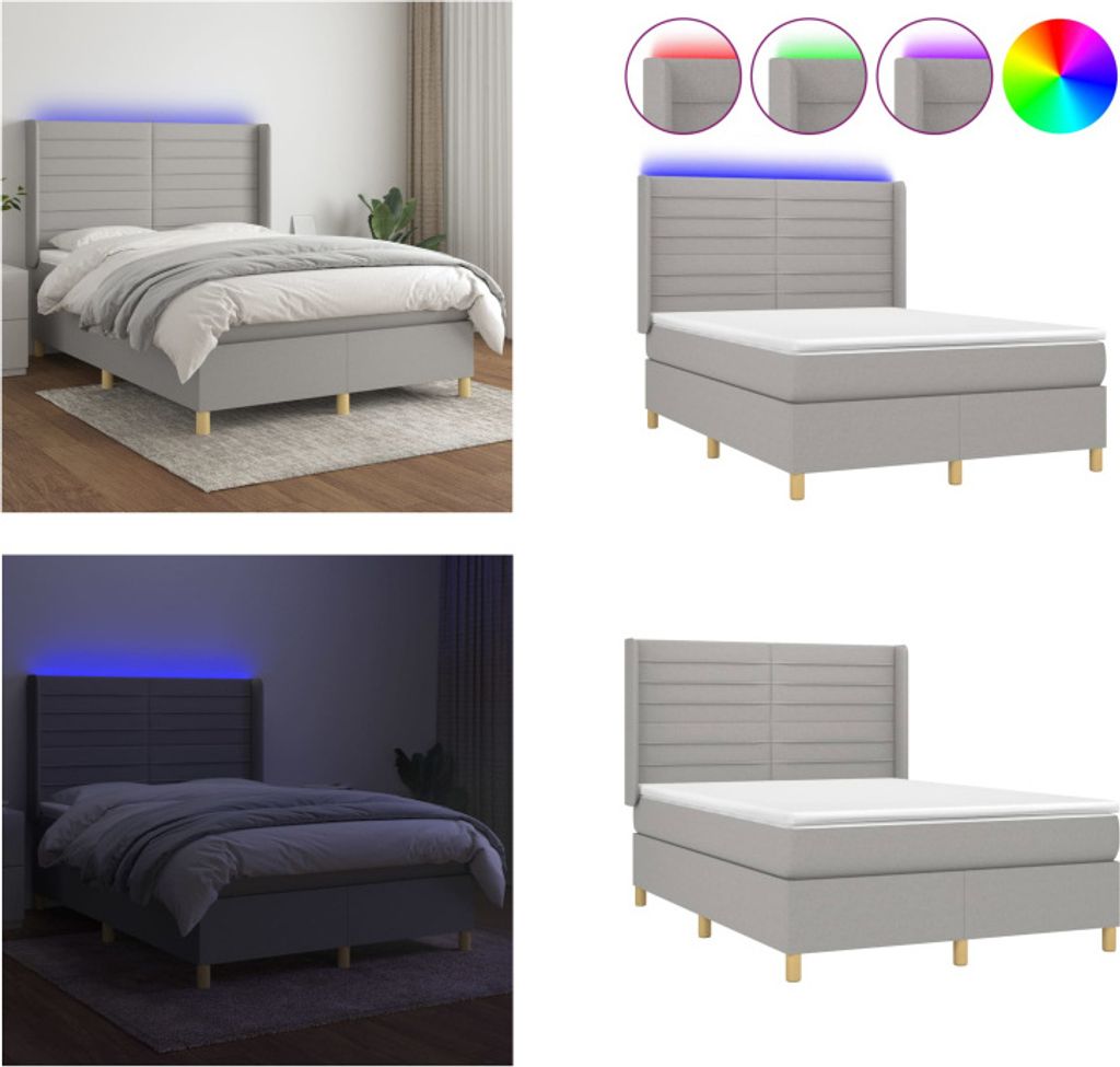 vidaXL Boxspringbett mit Matratze & LED Hellgrau 140x200 cm Stoff - Boxspringbett - Boxspringbetten - Bett - Schlafzimmermöbel
