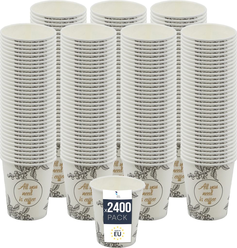 BenBow Kaffeebecher 250 ml x 2400, Pappbecher zum Mitnehmen, Einwegbecher für Unterwegs, All You Need Is Coffee, Kaffee Becher für Büro und Kaff...