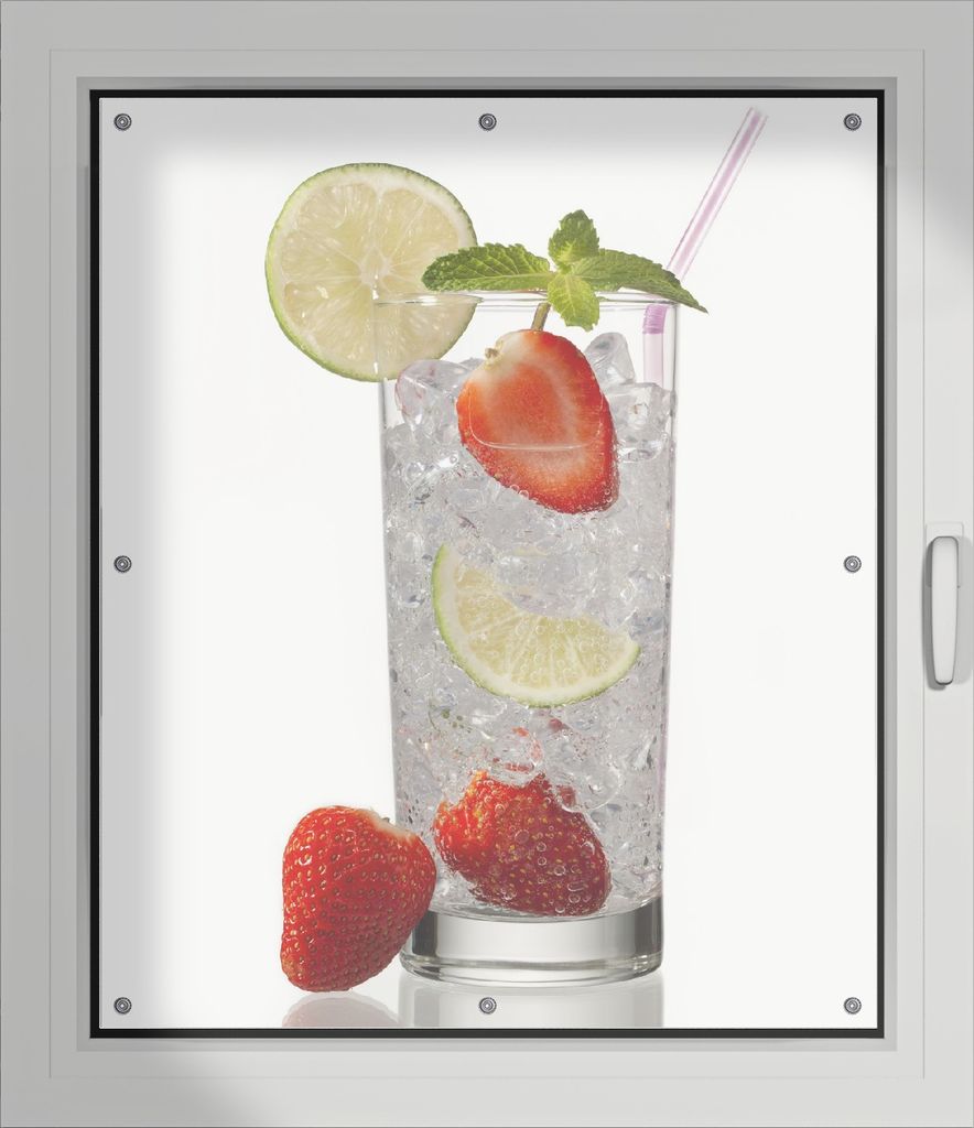 Wallario Lichtschutzbild, Dekorativer Sichtschutz Sonnenschutz 96 x 115 cm mit Motiv: Glas Wasser mit Erdbeeren - Verdunklung ohne Bohren