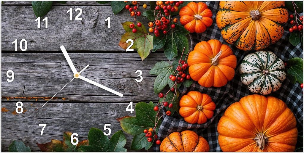Wanduhr aus Glas mit Motiv Herbstlicher Kürbis- 60 x 30 cm - inkl. Aufhängesystem