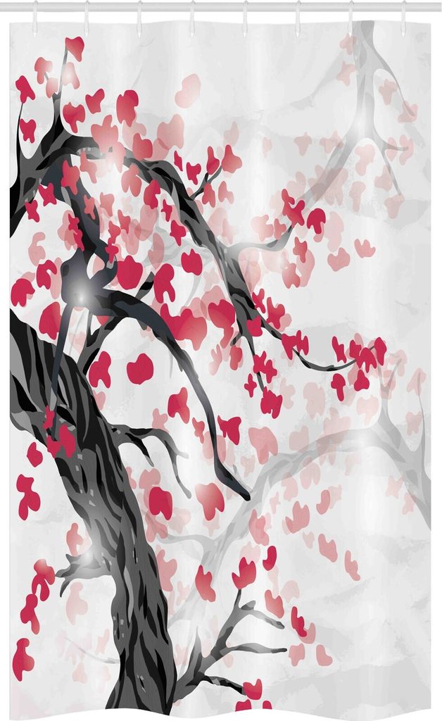ABAKUHAUS Kirschblüte Schmaler Duschvorhang, Twisted Trunk, Badezimmer Deko Set aus Stoff mit Haken, 120 x 180 cm, Charcoal Grau Dunkel Coral