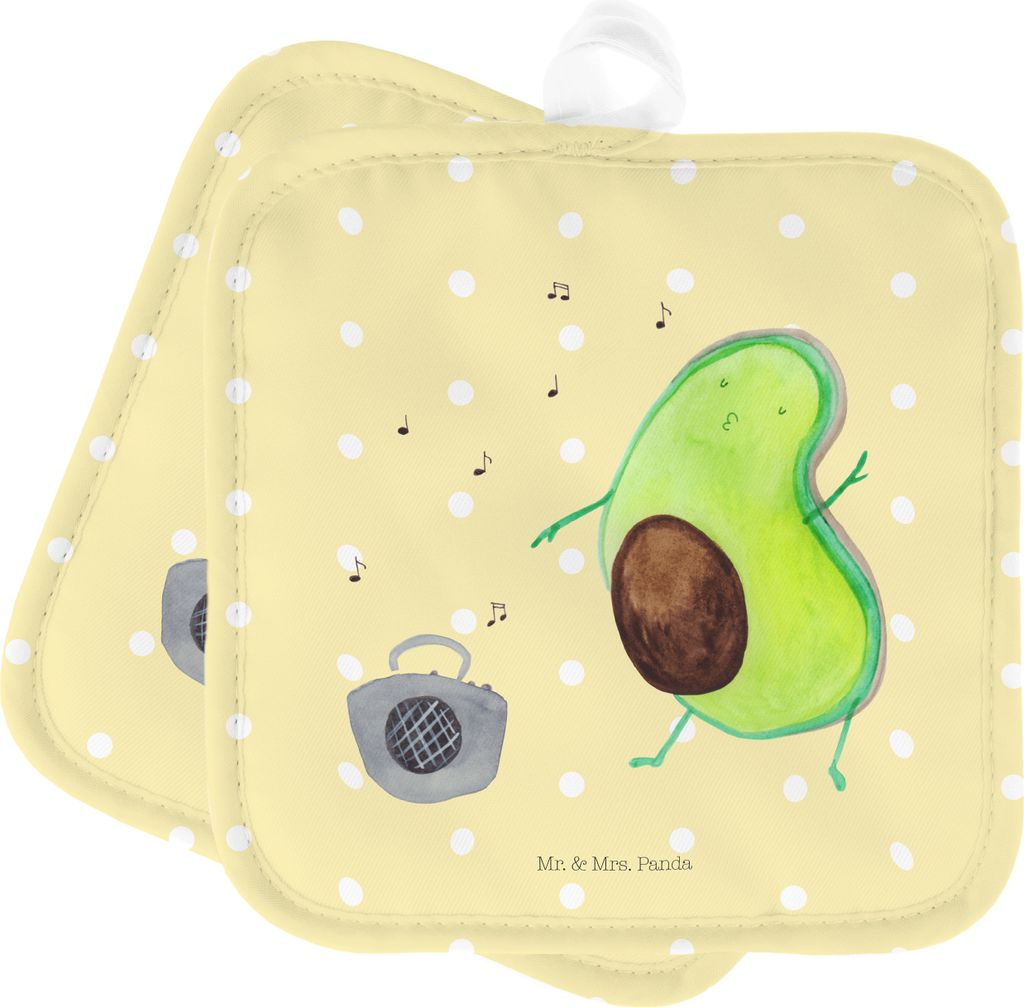Mr. & Mrs. Panda Topflappen Avocado Tanzen - Gelb Pastell - Geschenk, Party, 2er Set, topfhalter, Doppel, Fröhlich, Vegan, Musik, Topfuntersetzer,...