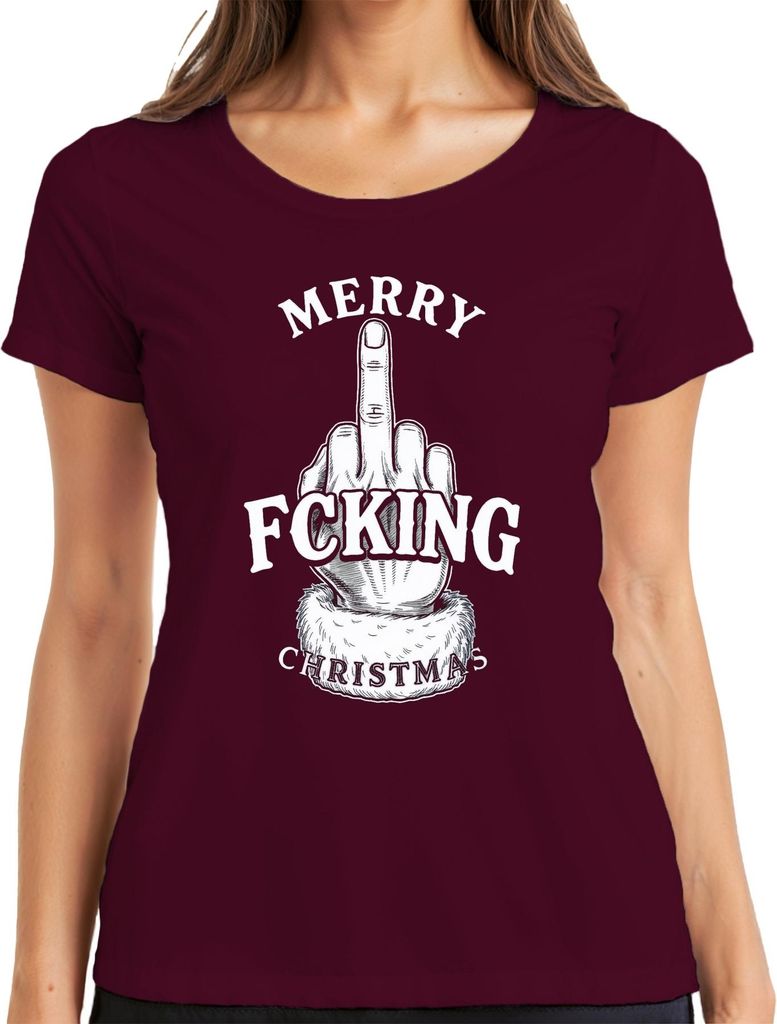 MERRY FCKING CHRISTMAS Mittelfinger sarkastisch Weihnachten frech Damen T-Shirt, Burgundy, L