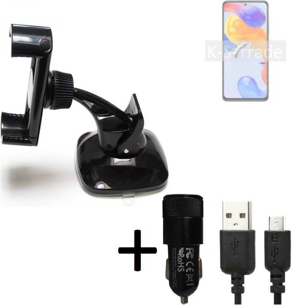 K-S-Trade Halterung kompatibel mit Xiaomi Redmi Note 11 Pro 5G Global Windschutzscheibe / Armaturenbrett + LADEGERÄT mit Mico USB Kabel Autohalterung