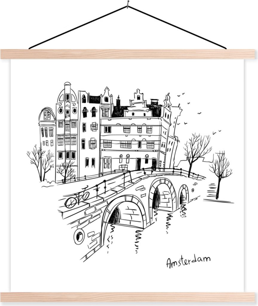 MuchoWow Textilposter Amsterdam - Skizze - Schwarz - Weiß 60x60 cm mit holzfarbenen Rahmen - Wanddekoration