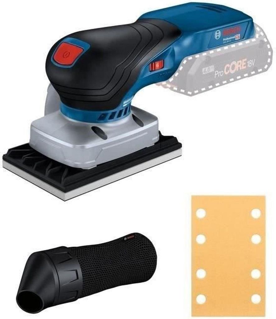 A cordless orbital sander with accessories, including sandpaper and a dust bag, displayed against a white background.