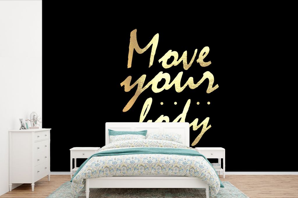 MuchoWow Fototapete für Wohnzimmer oder Schlafzimmer Wandtapete Vinyl Motivtapete Zitat - Tanzen - Gold - Schwarz - 420x280 cm - Zimmer für Kinder
