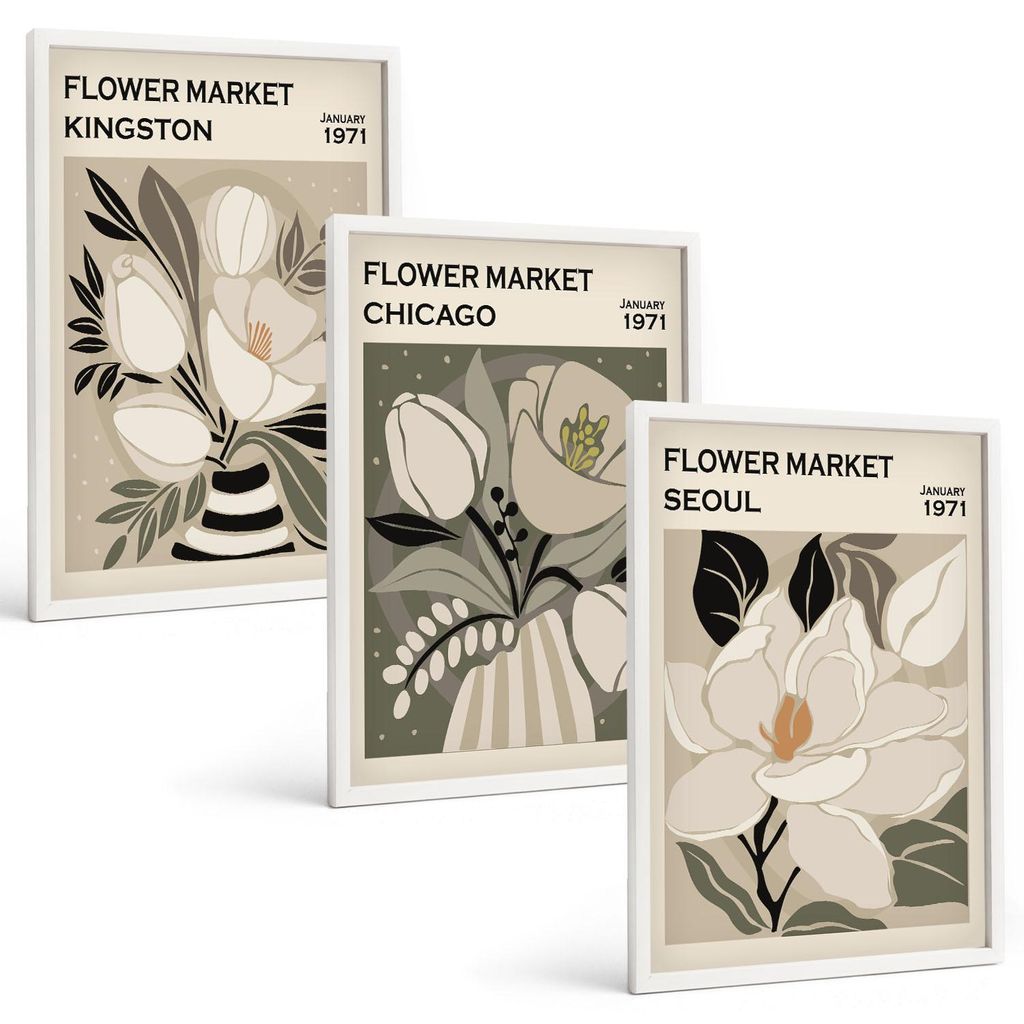 Bilder Set 3-teilig im weißen Rahmen – Wandbilder 3 Stück – gerahmte Poster für Wohnzimmer, Schlafzimmer und Flur – 40x60 cm – Blumen Ki...