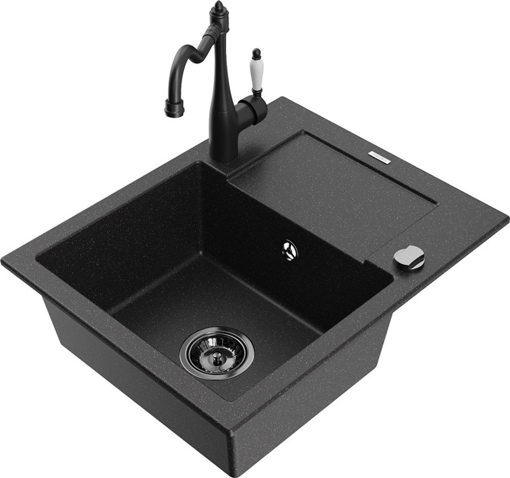 Mexen Enzo 1 Becken-Granitspüle mit Abtropffläche und Mischbatterie Carla, Schwarz/Silbermetallic - 6506-73-670700-70-B