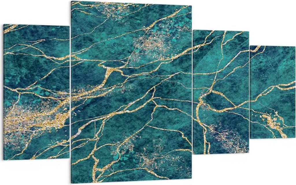 Bild auf Leinwand - Leinwandbild - 4 Teile - Abstraktion Gold Türkis - 160x90cm - Wand Bild - Wanddeko - Wandbilder - Leinwanddruck - Bilder - Wan...