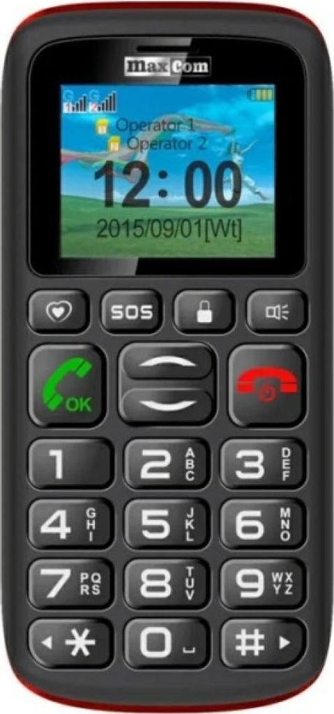 A close-up front view of a MaxCom Comfort MM428 mobile phone.