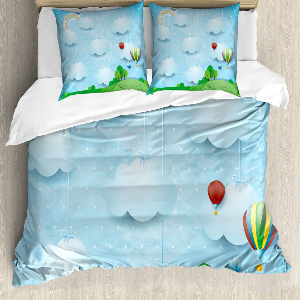 ABAKUHAUS Kindergarten Bettbezug, Balloons Wolken Sterne Hill, Milbensicher Allergiker geeignet mit Kissenbezügen, 155 cm x 220 cm - 80 x 80 cm, M...