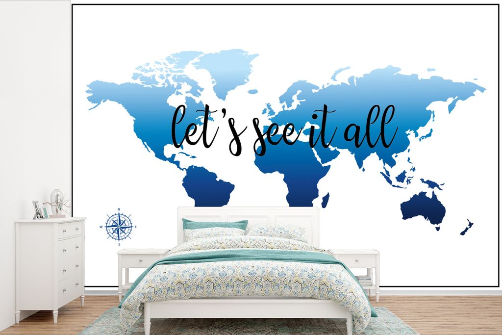 MuchoWow Fototapete für Wohnzimmer oder Schlafzimmer Wandtapete Vinyl Motivtapete Weltkarte - Blau - Kompass - 390x260 cm - Papiertapete