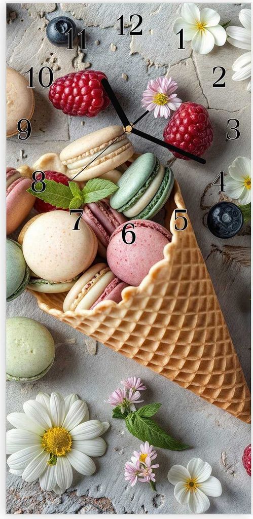 Wanduhr aus Glas mit Motiv Macarons im Sommer- 30 x 60 cm - inkl. Aufhängesystem