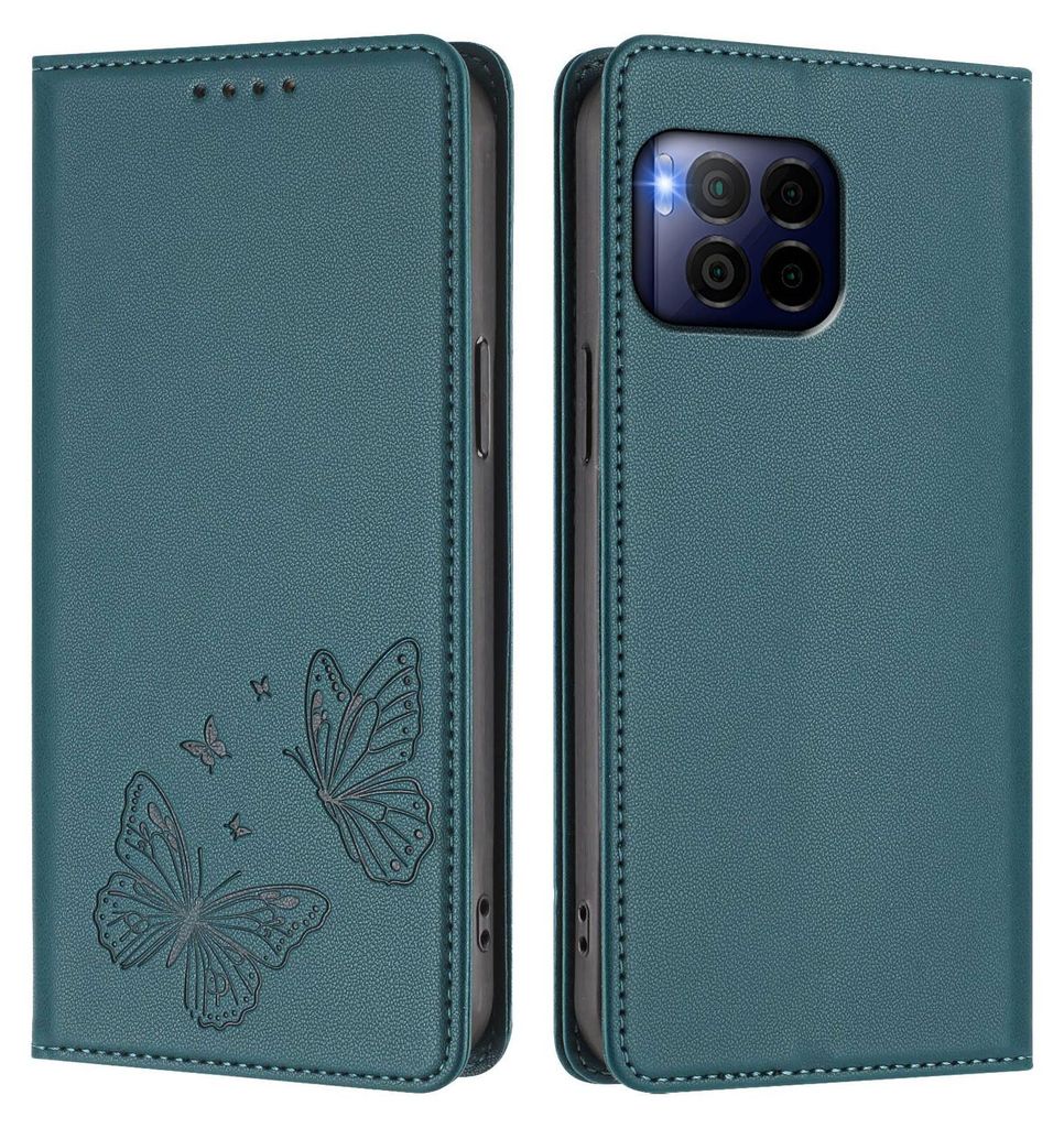 Lederhülle für T-Mobile REVVL 7 Pro, Schmetterling Prägung Leder Brieftasche Schutzhülle mit Ständer Grün