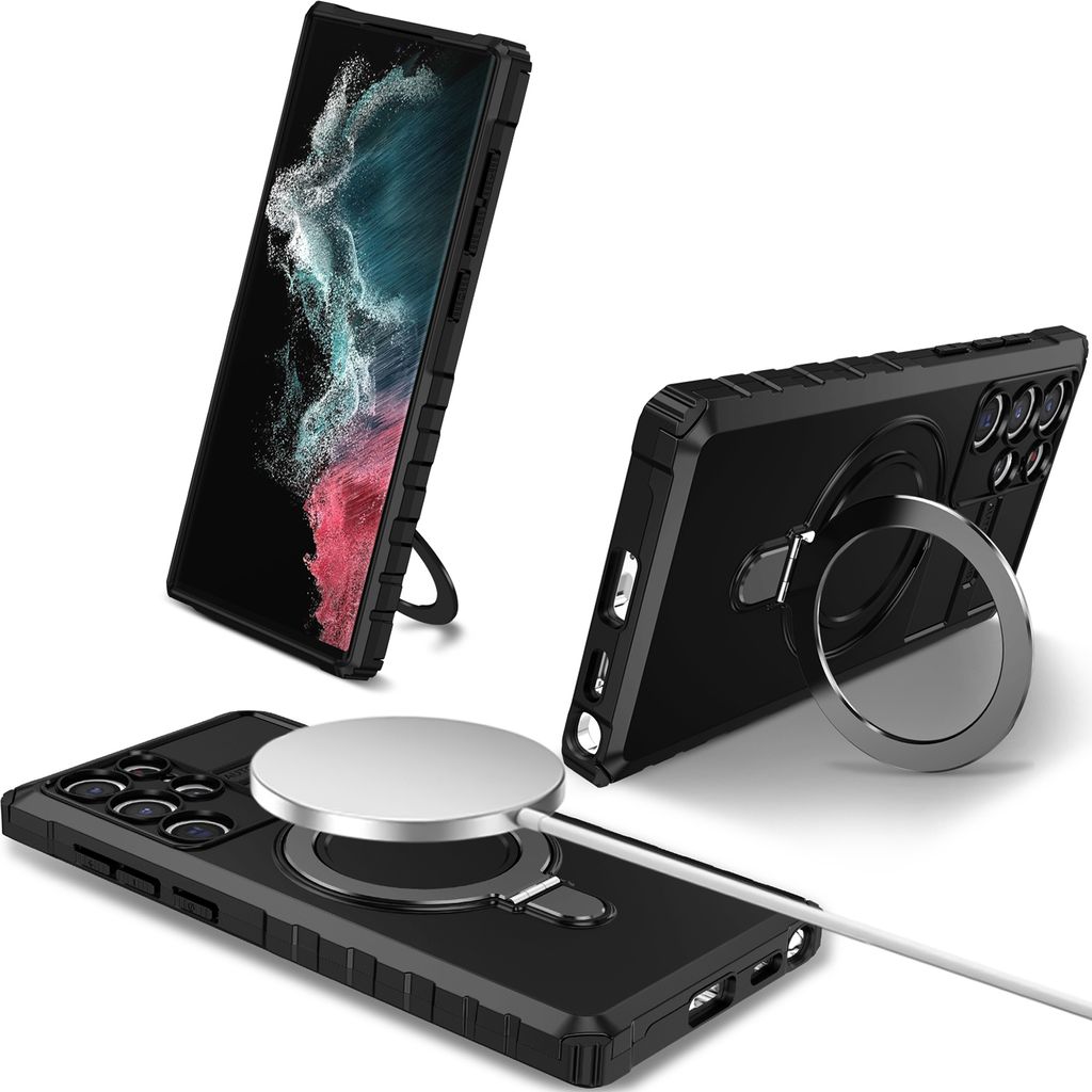 Für Samsung Galaxy S22 Ultra 5G Hülle Magsafe Magnetisch Ring Ständer Schutzhülle, Dual Layer Handyhülle Schwarz