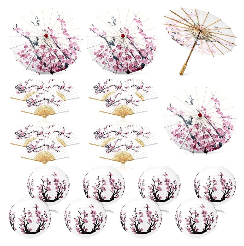 24 Stück Kirschblüten-Dekoration, inklusive 4 geölte Papierschirme, 8 asiatische Papierlaternen, rosa Seide, Partydekoration