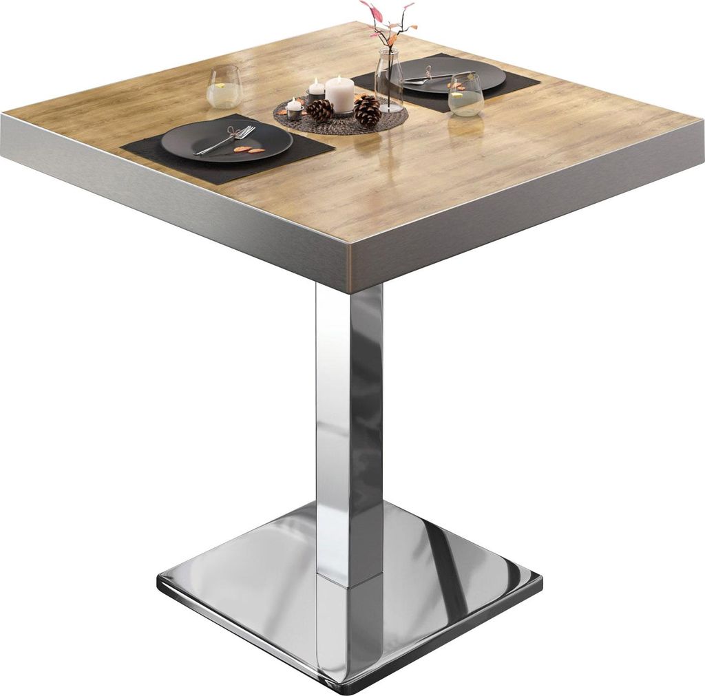 BM | Bistrotisch | B:T:H 70 x 70 x 77 cm | Eiche / Edelstahl | Quadratisch | Edelstahl Rand | Bistro Tisch Esstisch