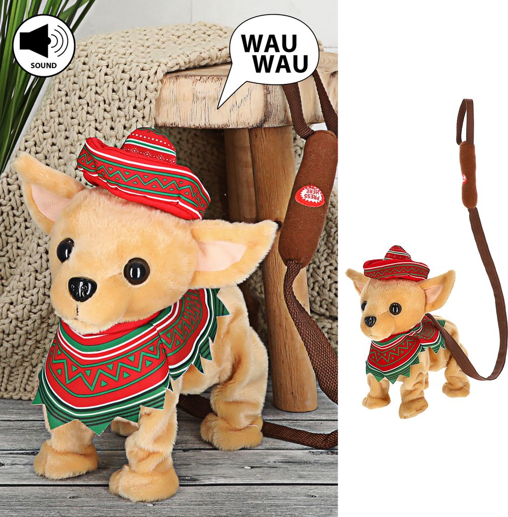 Laufender Chihuahua mit Leine und Sound 28x30x19cm Polyester batteriebetrieben Stofftier Hund Kuscheltier