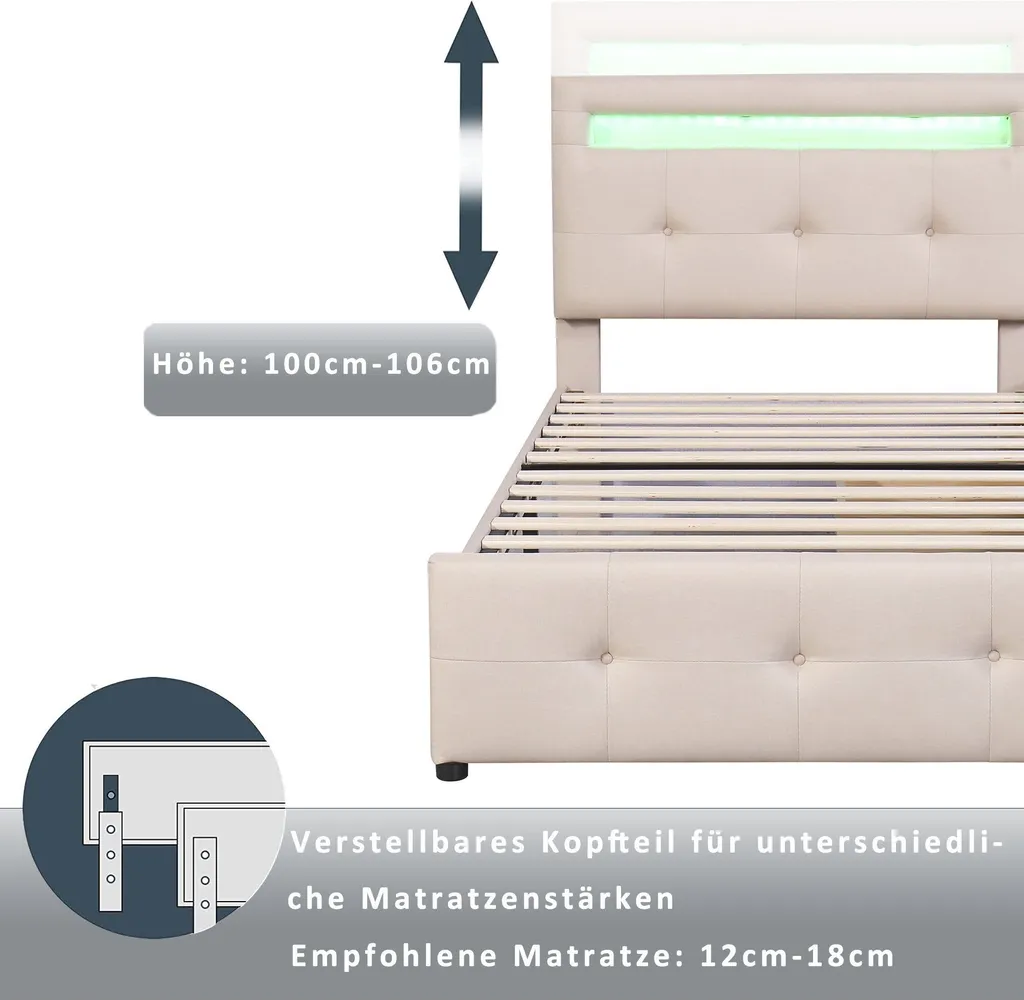 Lit rembourré 90x200cm avec LED idéal pour optimiser les petits espaces
