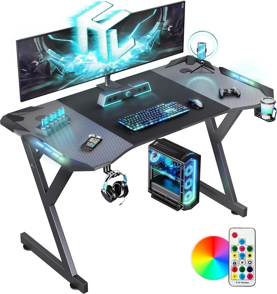 JUNG Gamingtisch Gaming Tisch aus Stahl, mit Flaschen-& Headsetständer PC Schreibtisch (LED beleuchtet, Abmessung 120x60cm, Oberfläche lackiert)