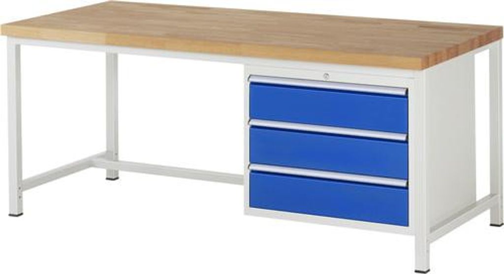 Werkbank mit 3 XL Schubladen - Teilauszug - 180:3 - höhenverstellbar 840-1.040 mm - 2.000 x 900 mm (BxT) - Traglast 1.250 kg - Buche