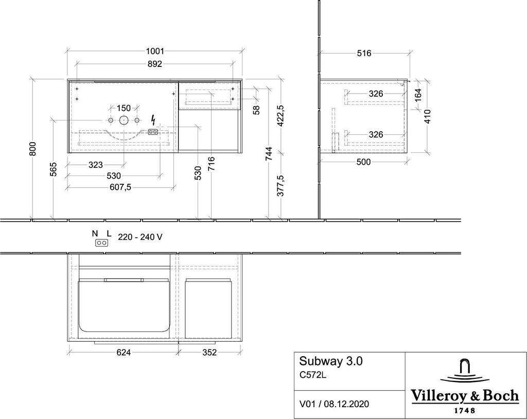 Villeroy & Boch Subway 3.0 Waschbeckenunterschrank, LED-Beleuchtung, 2 Auszüge, Waschbecken links, Regalelement unten rechts, 1001x422,5x516mm, C5...