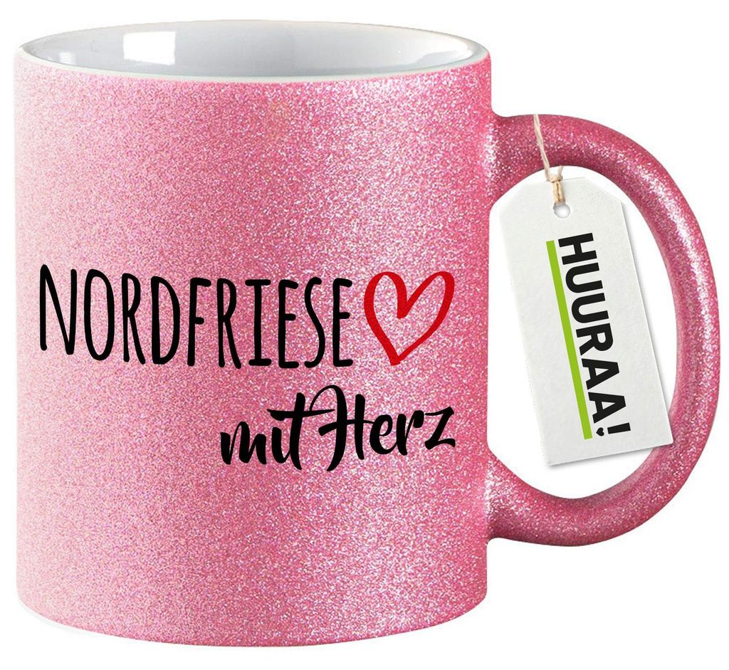Huuraa Glitzertasse Nordfriese mit Herz 330ml Pink Keramik Kaffeebecher Geschenkidee