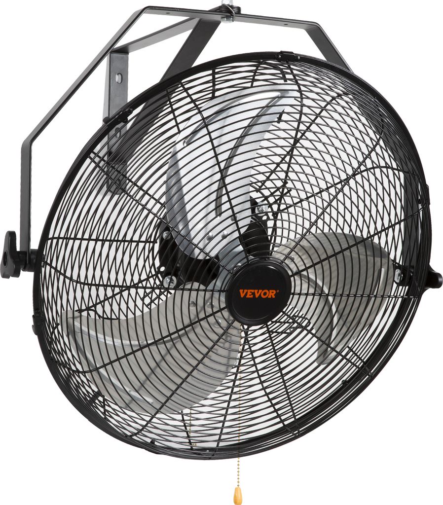 A black oscillating wall fan with a metal grille and silver blades, mounted on a black bracket against a white background.