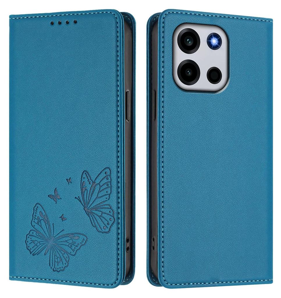 Lederhülle für OnePlus Turbo 6, Schmetterling Prägung Leder Brieftasche Schutzhülle mit Ständer Blau