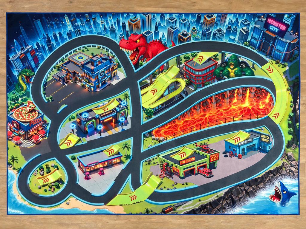 SkippiDoo Straßenteppich – Monster City XL – Spielteppich 200 x 140 cm, Autoteppich mit Breiten Straßen & großen Parkplätzen, Rutschfest
