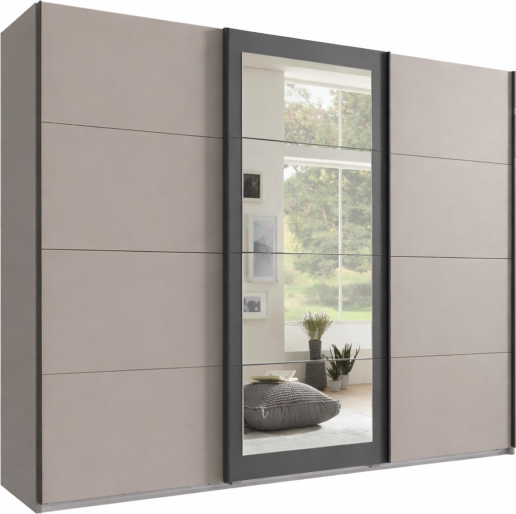 Schwebetürenschrank 3-türig mit Spiegel Kleiderstangen Einlegeböden in Sand Grau / 22007