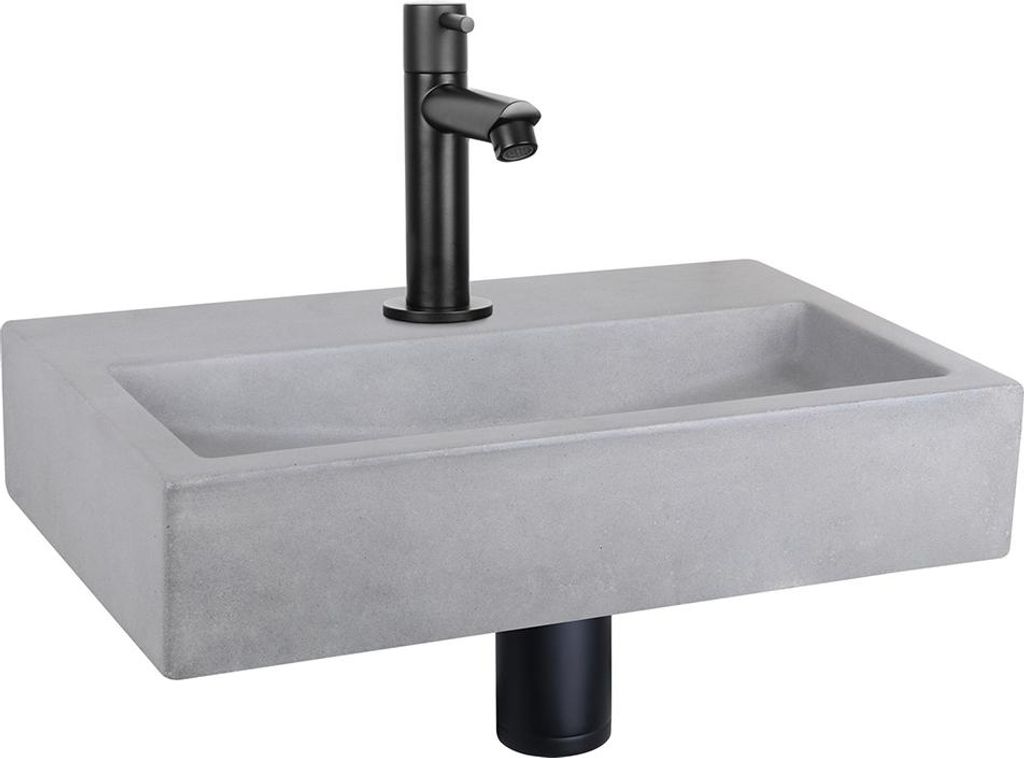 Differnz Flat Waschbecken-Set 38x24x7 cm – Beton-Waschbecken Hellgrau Mit Armatur – Gerade Kaltwasserarmatur Mattschwarz – Mit Siphon & Ablau...